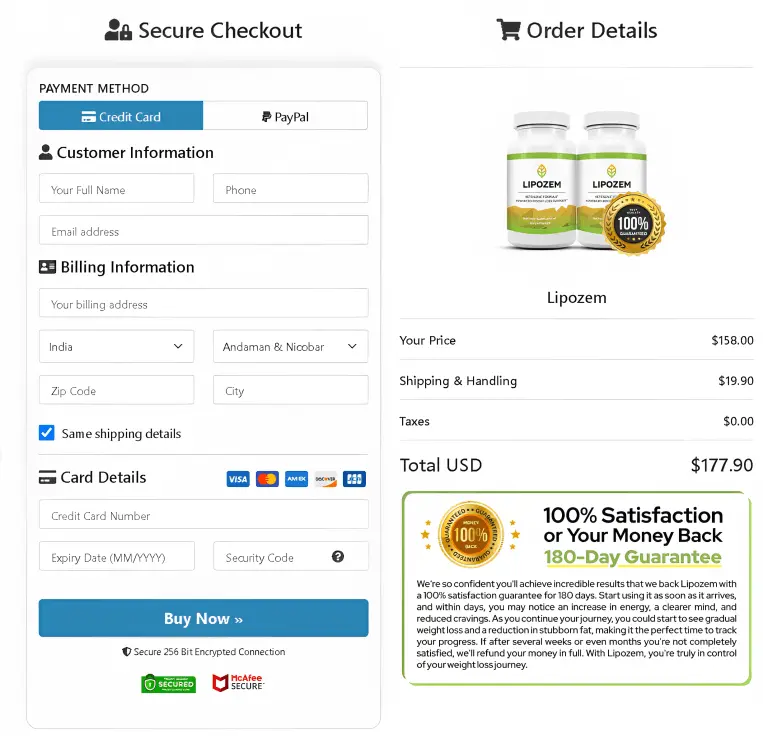 Lipozem Secure Checkout Page